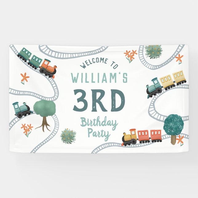 Boys Cute Train Kids Birthday Welcome Sign (Horizontal)