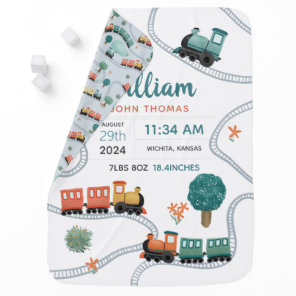 Boys Cute Train Travel Keepsake Birth Stats Baby Blanket