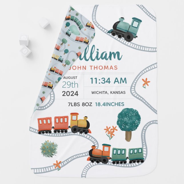 Boys Cute Train Travel Keepsake Birth Stats Baby Blanket (In Situ)