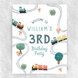 Boys Cute Train Travel Kids Birthday Welcome Sign<br><div class="desc">This cute and modern transport-themed kids birthday welcome sign design features a blue train travel illustration, with trains, tracks, and greenery in a white background. The sign can be personalized with your boys name and age. The perfect travel-themed addition to your toddler or child’s birthday party! The poster is set...</div>