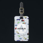 Boys Cute Transport Airplane Car Tractor Name Kids Luggage Tag<br><div class="desc">This cute blue custom kids luggage tag design features a blue cartoon transport pattern,  with cars,  pickup trucks,  trains,  airplanes,  diggers,  tractors and helicopters. There is also space for you to add your boys name and monogram in a beautiful font. The perfect transport themed gift for any car/tractor/aeroplane lover.</div>