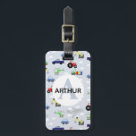 Boys Cute Transport Airplane Car Tractor Name Kids Luggage Tag<br><div class="desc">This cute blue custom kids luggage tag design features a blue cartoon transport pattern,  with cars,  pickup trucks,  trains,  airplanes,  diggers,  tractors and helicopters. There is also space for you to add your boys name and monogram in a beautiful font. The perfect transport themed gift for any car/tractor/aeroplane lover.</div>