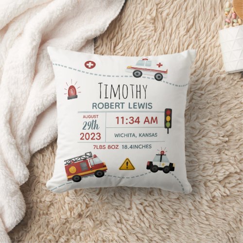 Boys Cute Transport Baby Birth Stats Throw Pillow