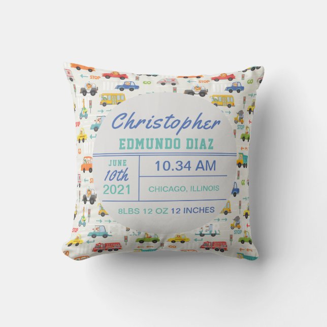 Boys Cute Transport Car Baby Boy Birth Stats Throw Pillow (Front)