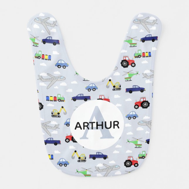 Boys Cute Transport Car Pattern and Name Baby Bib (Front)