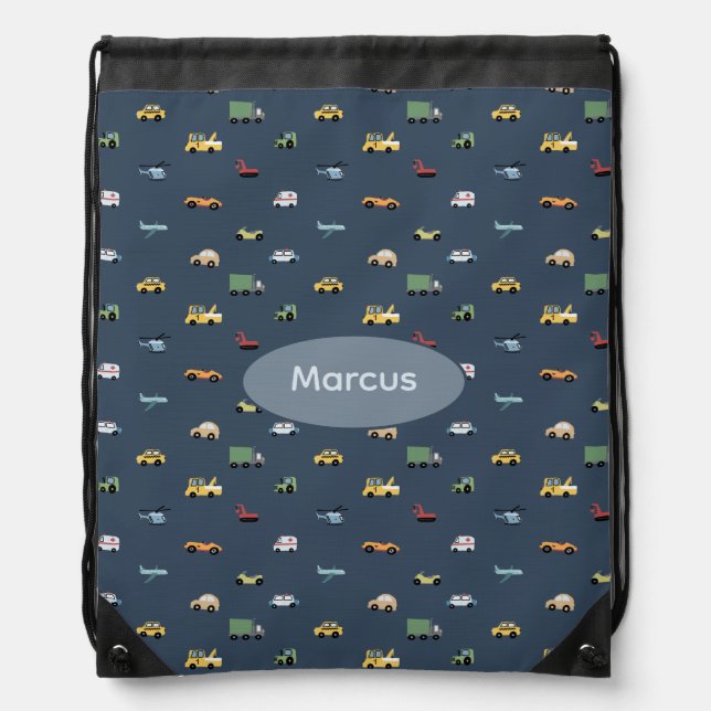Boys Cute Transport Car Pattern monogram Kids Drawstring Bag (Front)