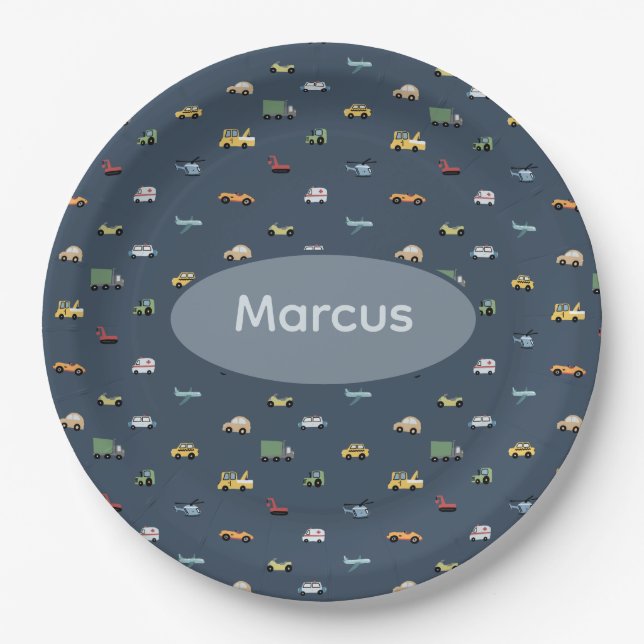 Boys Cute Transport Car Pattern monogram Kids Paper Plates (Front)