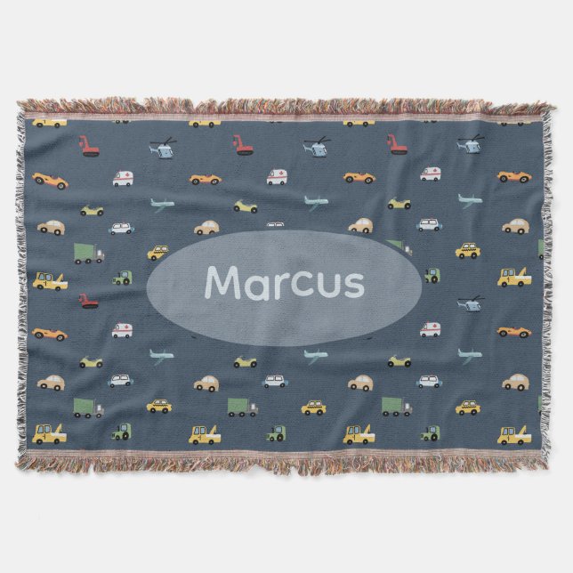 Boys Cute Transport Car Pattern monogram Kids Throw Blanket (Front)