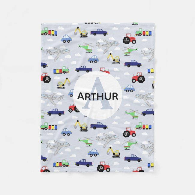 Boys Cute Transport Car Pattern Monogram Name Kids Fleece Blanket