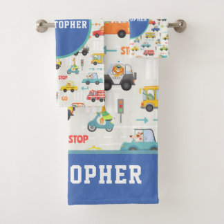 Boys Cute Transport Car Pattern Name Kids Bath Towel Set