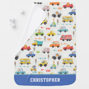 Boys Cute Transport Car Pattern & Name Stroller Baby Blanket