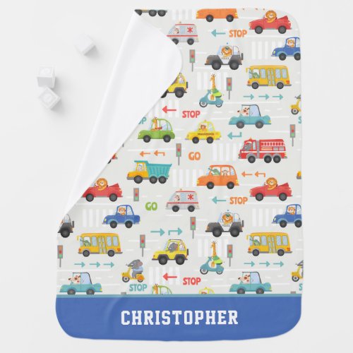 Boys Cute Transport Car Pattern  Name Stroller Baby Blanket