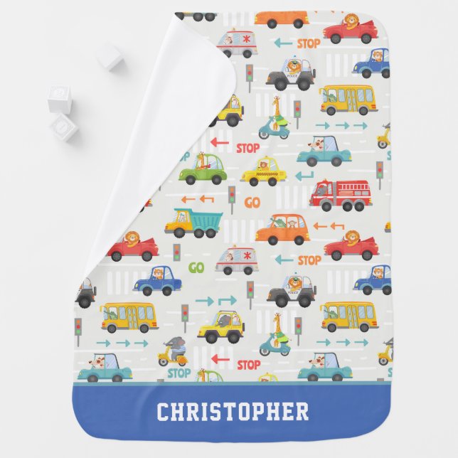 Boys Cute Transport Car Pattern & Name Stroller Baby Blanket (In Situ)