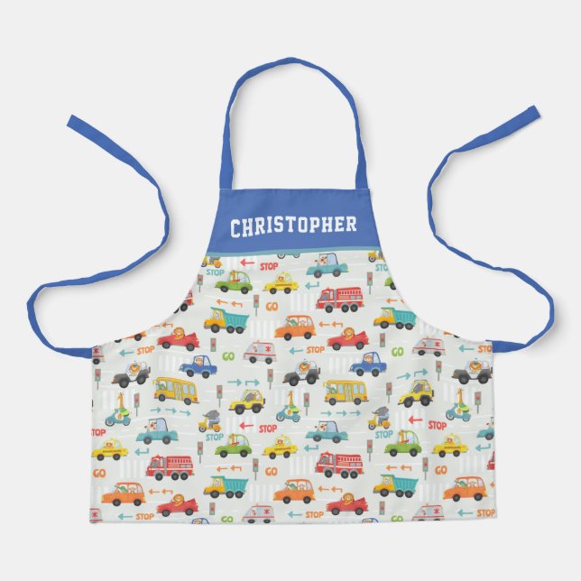 Boys Cute Transport Car Pattern Personalized Name Apron (Front)