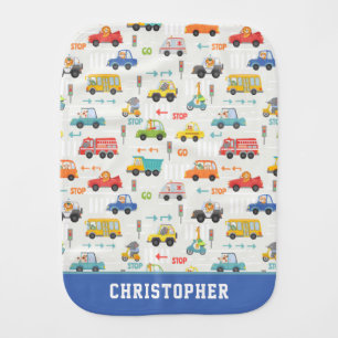 Boys Cute Transport Car Pattern Personalized Name Baby Burp Cloth