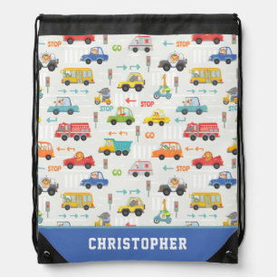 Boys Cute Transport Car Pattern Personalized Name Drawstring Bag