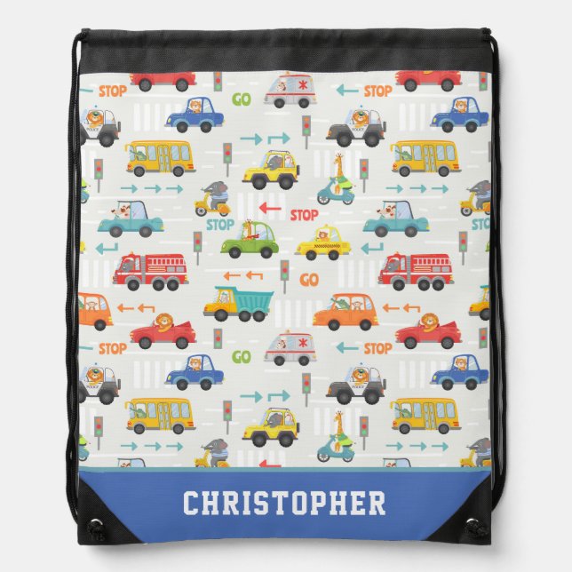 Boys Cute Transport Car Pattern Personalized Name Drawstring Bag (Front)