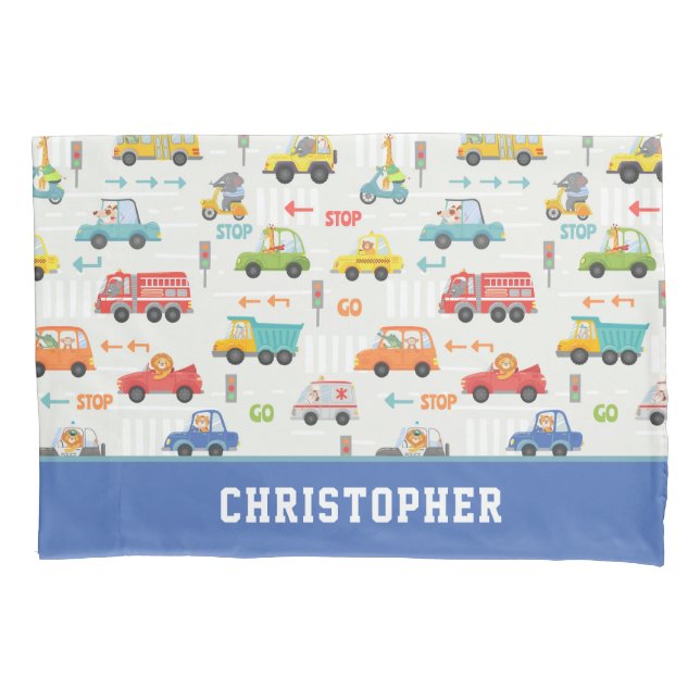 Boys Cute Transport Car Pattern Personalized Name Pillow Case (Front)