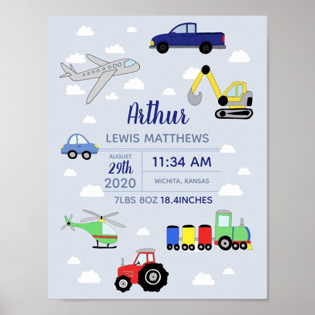 Boys Cute Transport Car Train Baby Nursery Poster (Front)