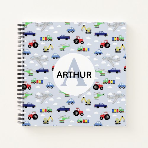 Boys Cute Transport Pattern and Name Kids Monogram Notebook