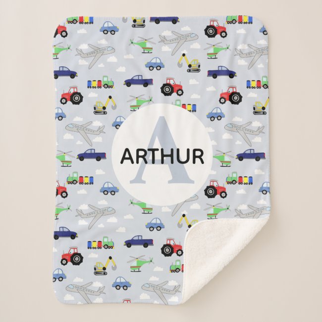 Boys Cute Transport Pattern Car Monogram Name Kids Sherpa Blanket