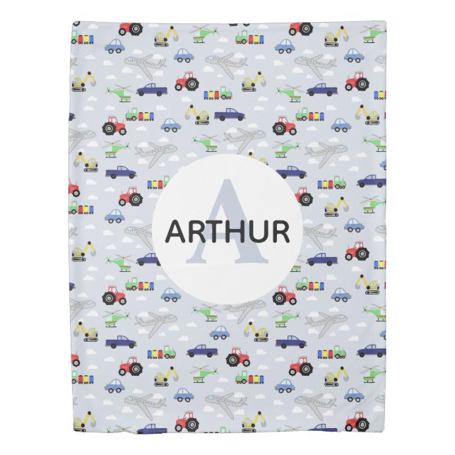 Boys Cute Transport Pattern Monogram Car Name Kids Duvet Cover (Front)