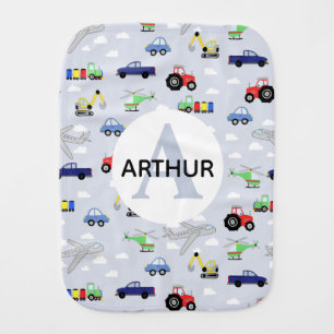 Boys Cute Transport Pattern Monogram Name Baby Burp Cloth