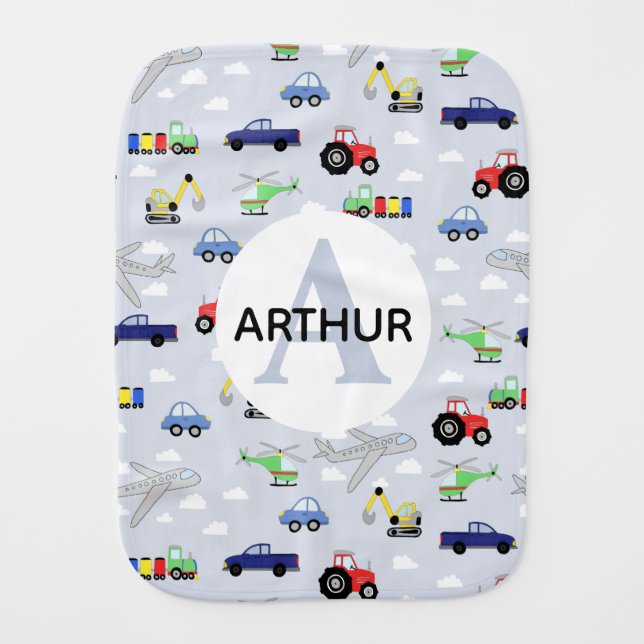 Boys Cute Transport Pattern Monogram Name Baby Burp Cloth (Front)