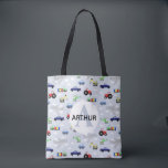 Boys Cute Transport Pattern Tractor and Name Kids Tote Bag<br><div class="desc">This cute blue custom kids tote bag design features a blue cartoon transport pattern, with cars, pickup trucks, trains, airplanes, diggers, tractors and helicopters. There is also space for you to add your boys name and monogram in a beautiful font. The perfect transport themed addition to your little one's school...</div>
