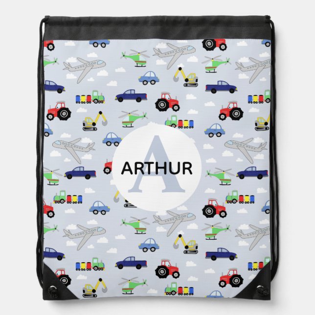 Boys Cute Transport Pattern Tractor Kids School Drawstring Bag (Front)