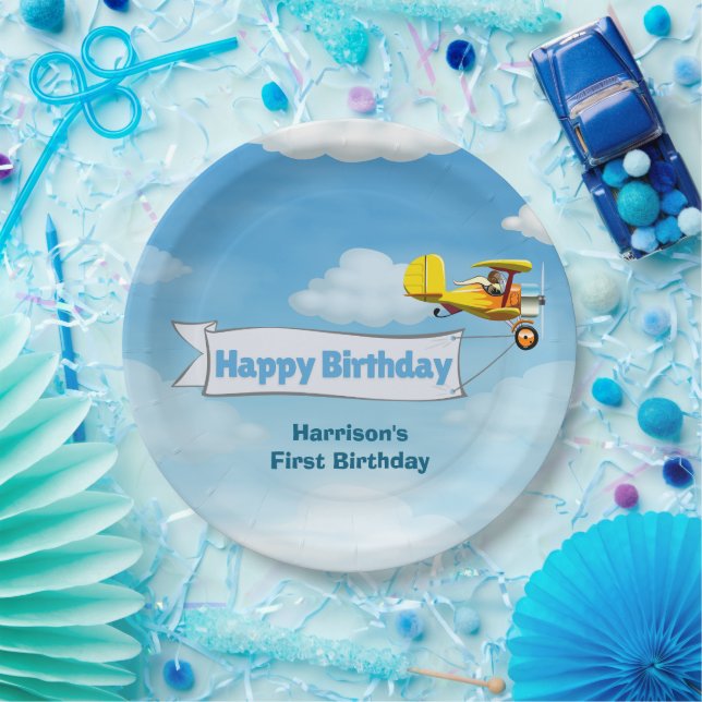 Boys Cute Travel Airplane Kids Birthday Custom Paper Plates (Party)