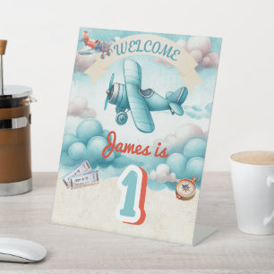 Boys Cute Travel Airplane Kids Birthday Custom Pedestal Sign