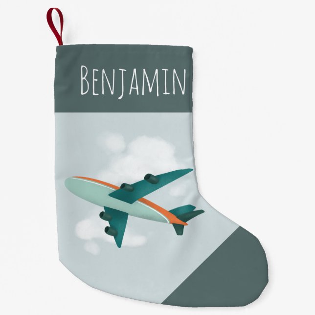 Boys Cute Travel Blue Airplane Kids Small Christmas Stocking (Front)