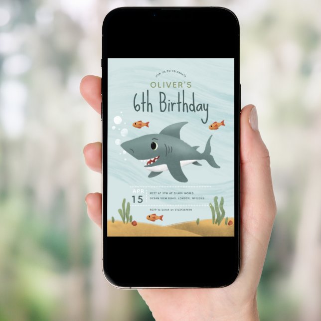  Boys Cute Under the Sea Ocean Shark 6th Birthday Invitation (Front Digital)