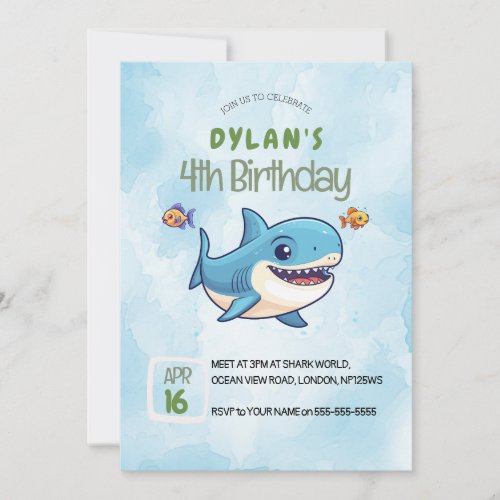 Boys Cute Under the Sea Ocean Shark Birthday Invitation