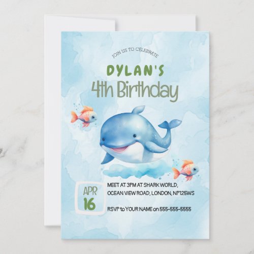 Boys Cute Under the Sea Ocean Whale Birthday Invitation
