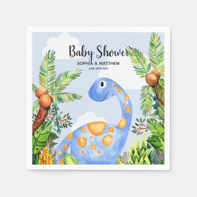 Boys Cute Watercolor Dinosaur Jungle Baby Shower Napkins (Front)