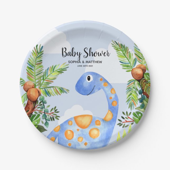 Boys Cute Watercolor Dinosaur Jungle Baby Shower Paper Plates (Front)