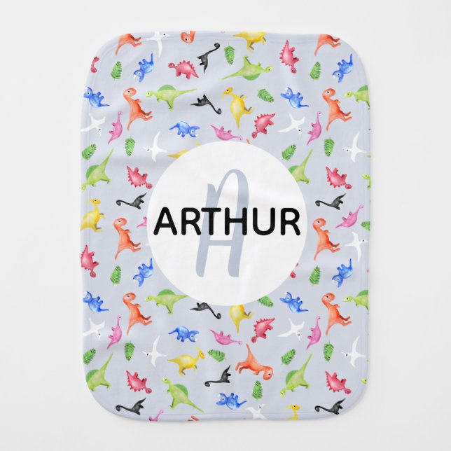Boys Cute Watercolor Dinosaur Monogram Name Baby Burp Cloth (Front)