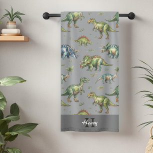 Boys Cute Watercolor Dinosaur & Name Kids Bath Towel