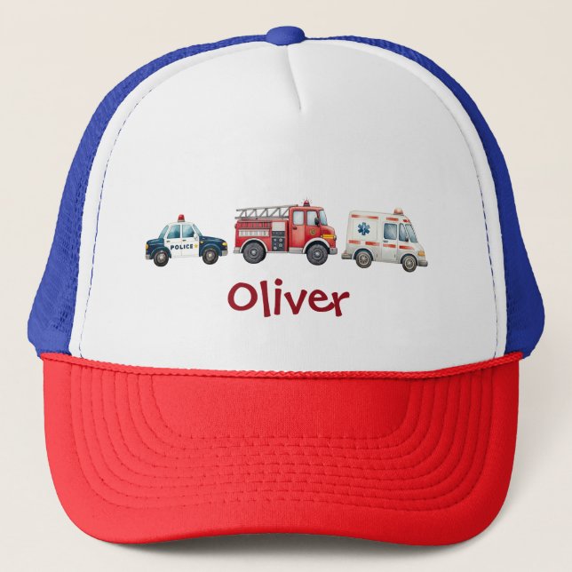 Boys' Cute Watercolor Emergency Vehicles Trucker Hat (Front)