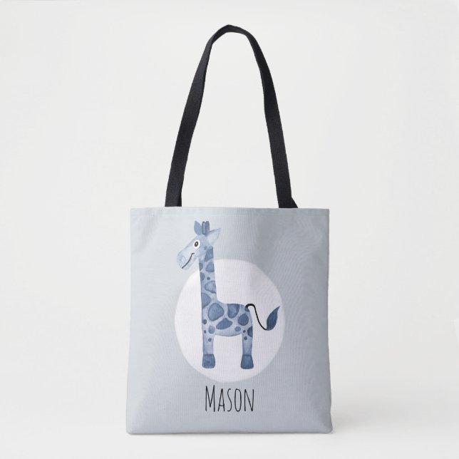 Boy's Cute Watercolor Giraffe Safari Name Tote Bag (Front)