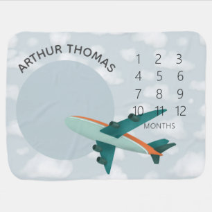 Boys Cute & Whimsical Blue Airplane Milestone Baby Blanket