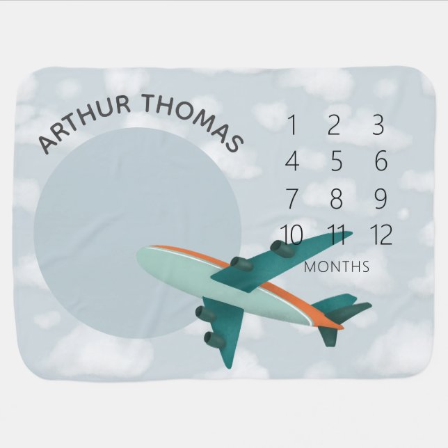 Boys Cute & Whimsical Blue Airplane Milestone Baby Blanket (Horizontal)