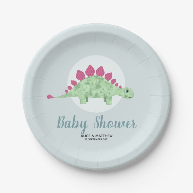 Boys Cute Whimsical Blue Dinosaur Baby Shower Paper Plates (Front)