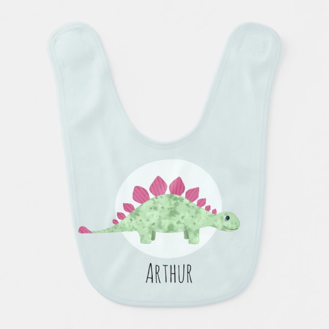 Boys Cute Whimsical Blue Dinosaur Cartoon and Name Baby Bib (Front)