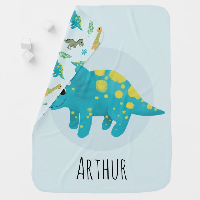 Boys Cute Whimsical Blue Dinosaur & Name Baby Blanket (In Situ)