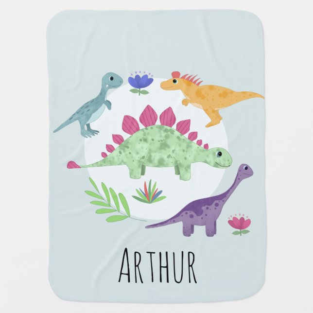 Boys Cute Whimsical Blue T-Rex Dinosaur & Name Baby Blanket (Front)