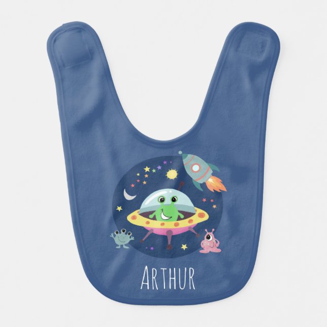 Boys Cute Whimsical Modern Space Alien and Name Baby Bib (Front)