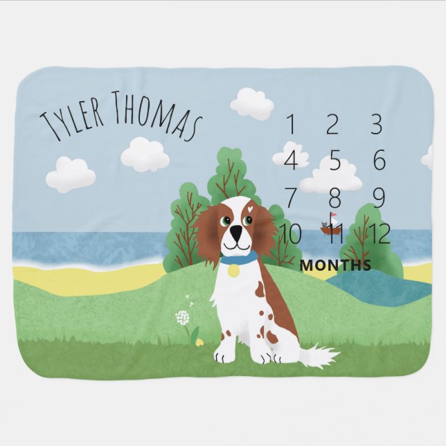 Boys Cute Whimsical Springer Spaniel Dog Milestone Baby Blanket (Horizontal)